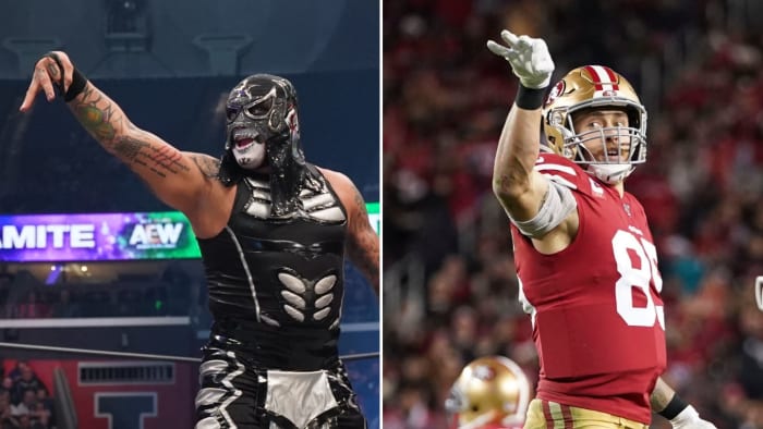 Split image of AEW wrestler Pentagon Jr. and George Kittle doing the "Cero Miedo" celebration